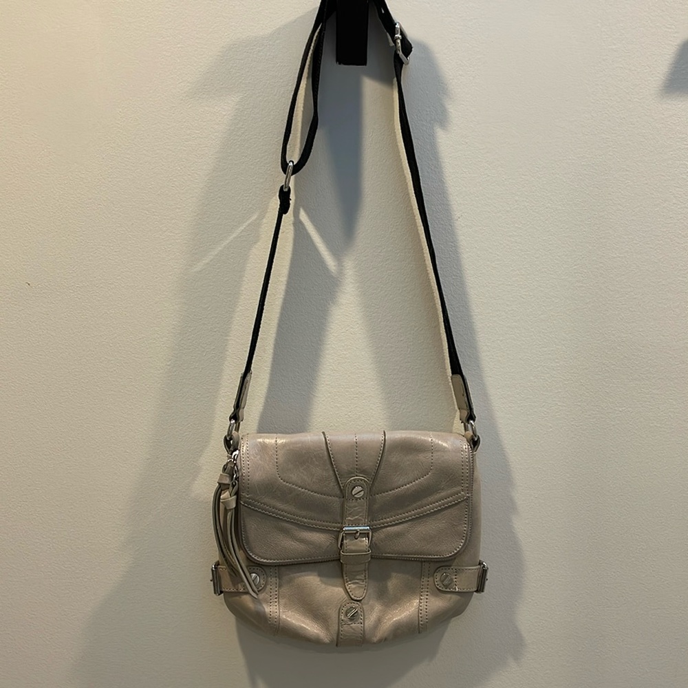 L.A.M.B. Off White/Stone Leather Crossbody Bag with Black Strap